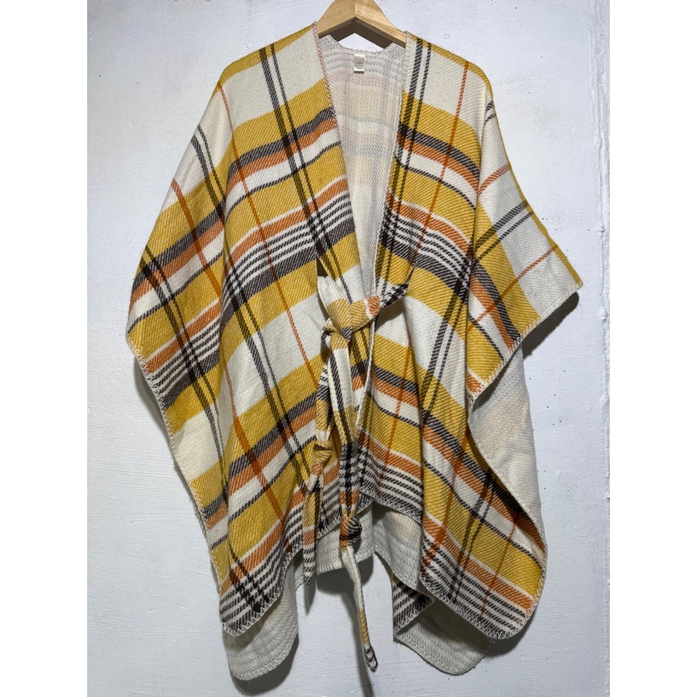 Cato Womens One Size Plaid Poncho Wrap Yellow Orange Acrylic Belted Shawl Cape